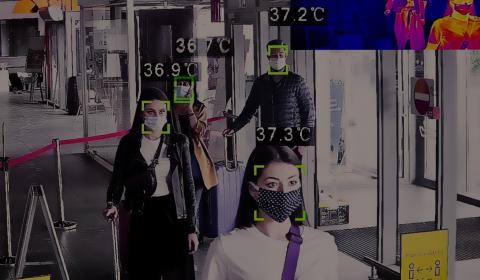 People scanned by  thermal camera and virtual temperature screening